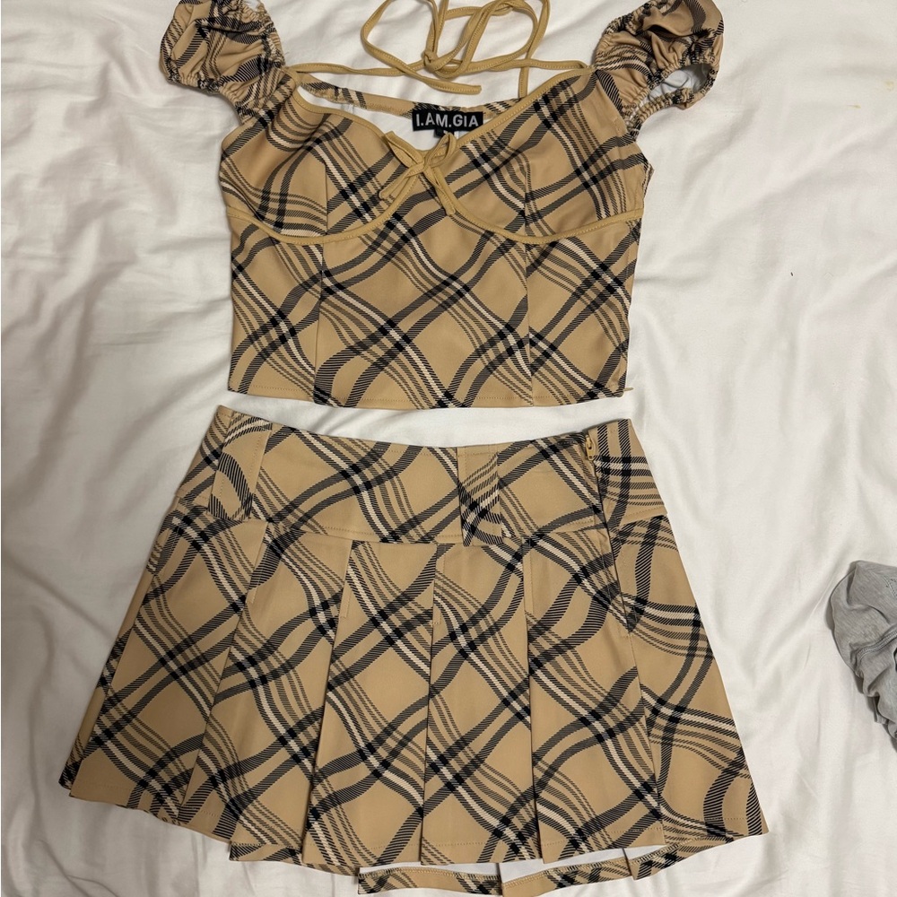 I.AM.GIA Tan Plaid Skirt Set